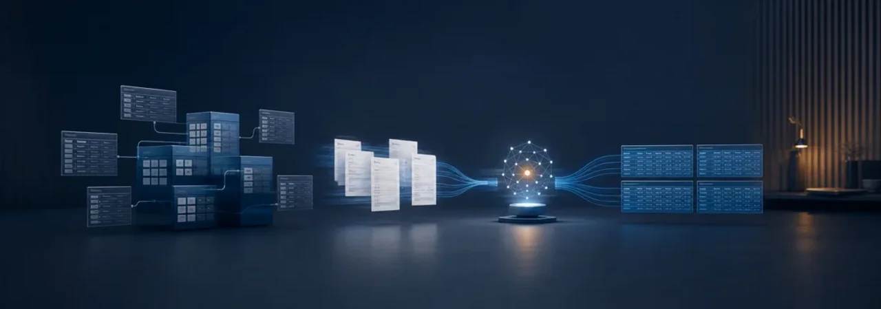 Eine gewachsene Geschäftsdatenbank wird kontrolliert um Dokumentenerkennung und KI erweitert.
