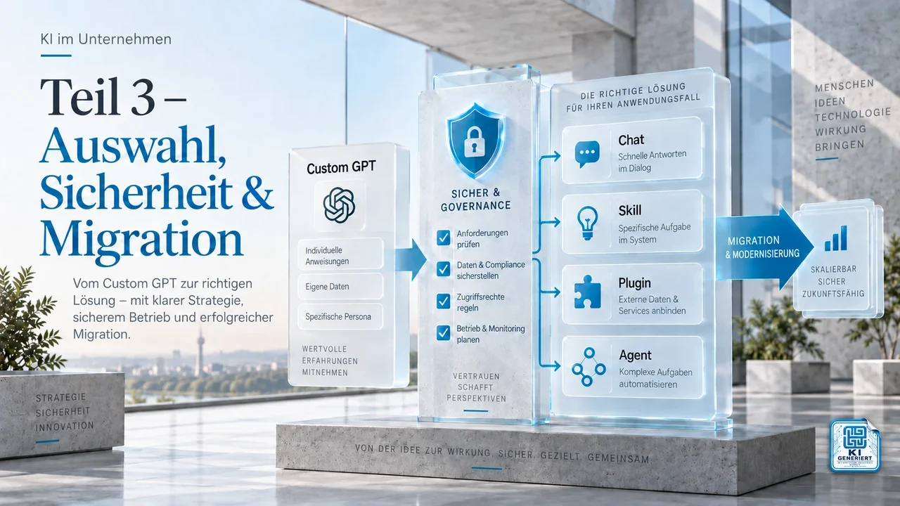 Auswahl-, Sicherheits- und Migrationspfad von Custom GPT zu Skill, Plugin oder Agent mit KI-Kennzeichnung.