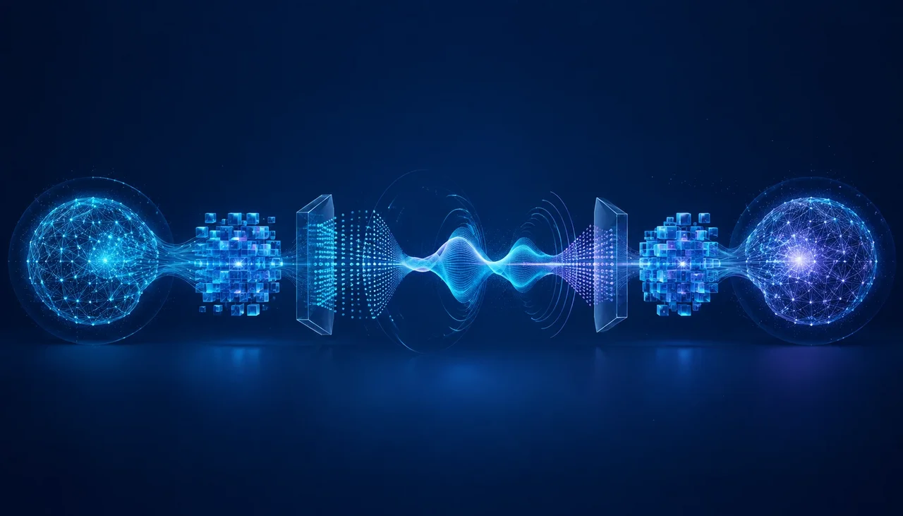 Abstrakte Prozessdarstellung: Zwei KI-Systeme tauschen strukturierte Daten über Encoder, Schallwellen und Decoder aus.