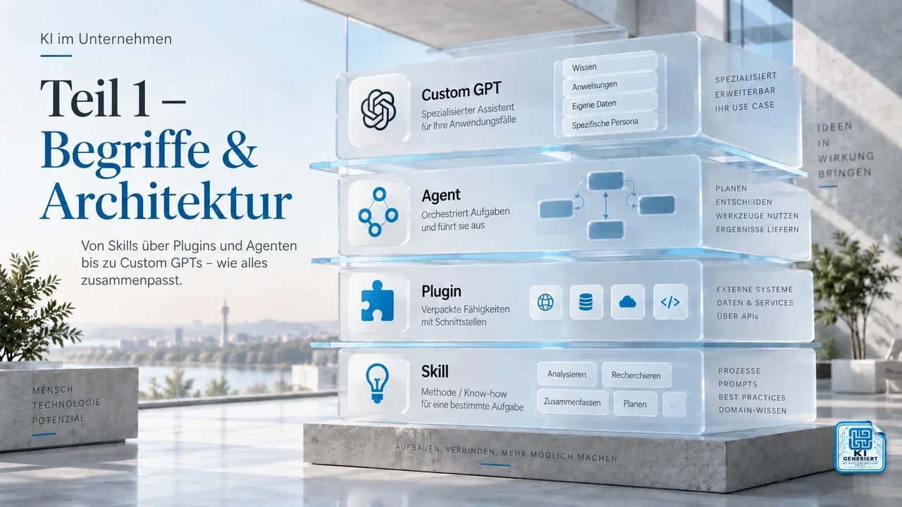 Architekturübersicht zu Skill, Plugin, Agent und Custom GPT mit KI-Kennzeichnung.