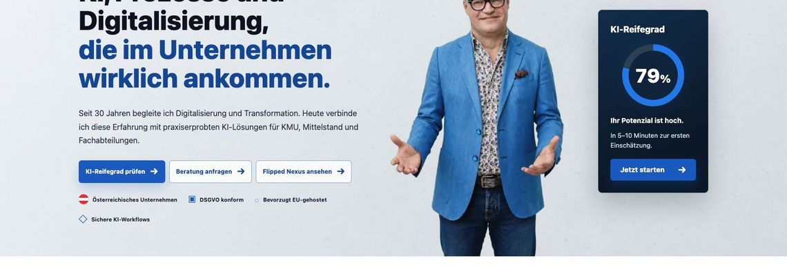 Aktuelle Startseite der StocKinger Consulting GmbH mit neuer Navigation, Positionierung und KI-Reifegrad-Anzeige.