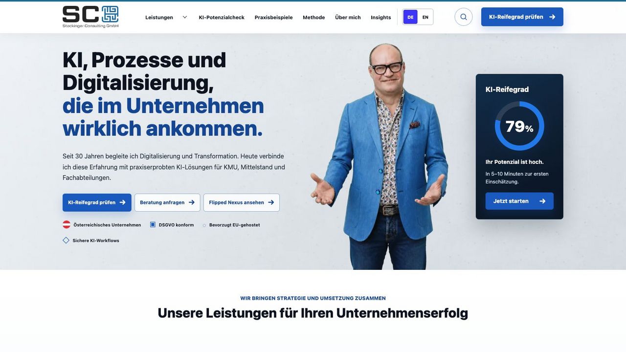 Aktuelle Startseite der StocKinger Consulting GmbH mit neuer Navigation, Positionierung und KI-Reifegrad-Anzeige.