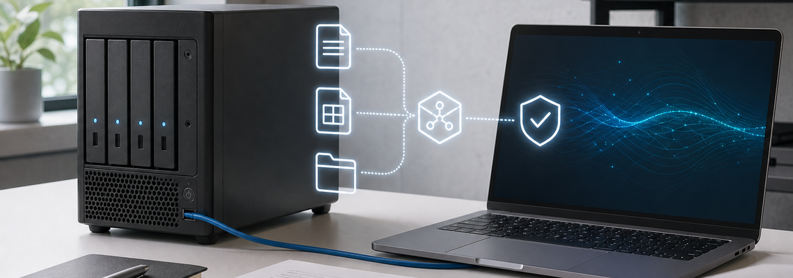 Menschenfreie Darstellung einer lokalen KI-Infrastruktur mit eigener Hardware, Dokumentenfluss und Sicherheitsprüfung.