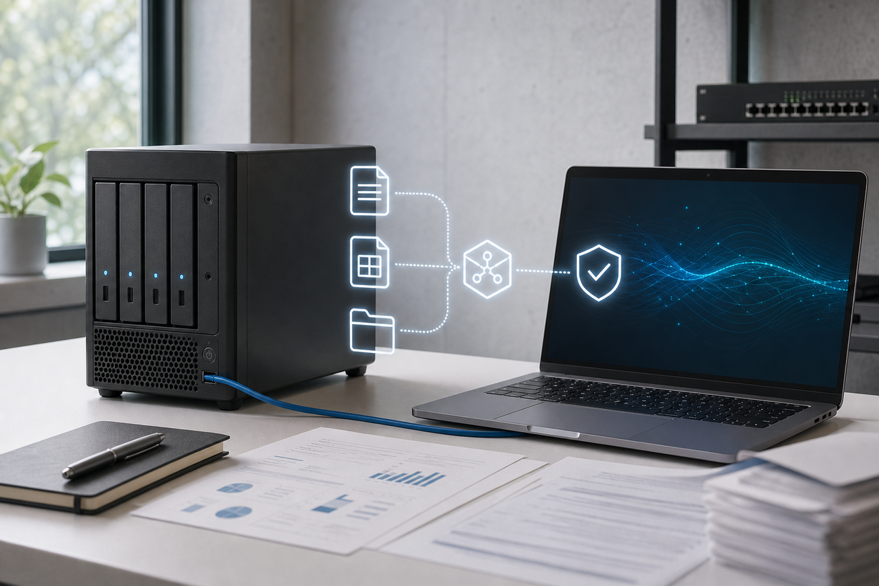Menschenfreie Darstellung einer lokalen KI-Infrastruktur mit eigener Hardware, Dokumentenfluss und Sicherheitsprüfung.