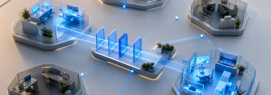 Mehrere unterschiedlich digitalisierte Abteilungen werden durch einen zentralen KI-Enablement-Pfad verbunden