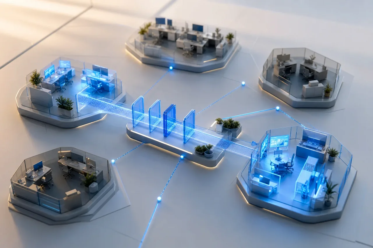Mehrere unterschiedlich digitalisierte Abteilungen werden durch einen zentralen KI-Enablement-Pfad verbunden