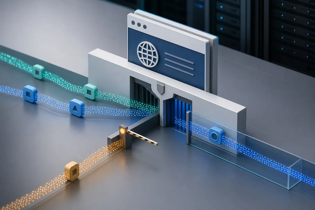 Abstrakte Datenströme werden an einem Website-Gateway gezielt zugelassen oder blockiert