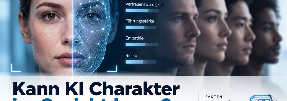 Illustration einer KI-Gesichtsanalyse mit vermeintlichen Bewertungen für Kompetenz, Vertrauenswürdigkeit, Führungsstärke, Empathie und Risiko.