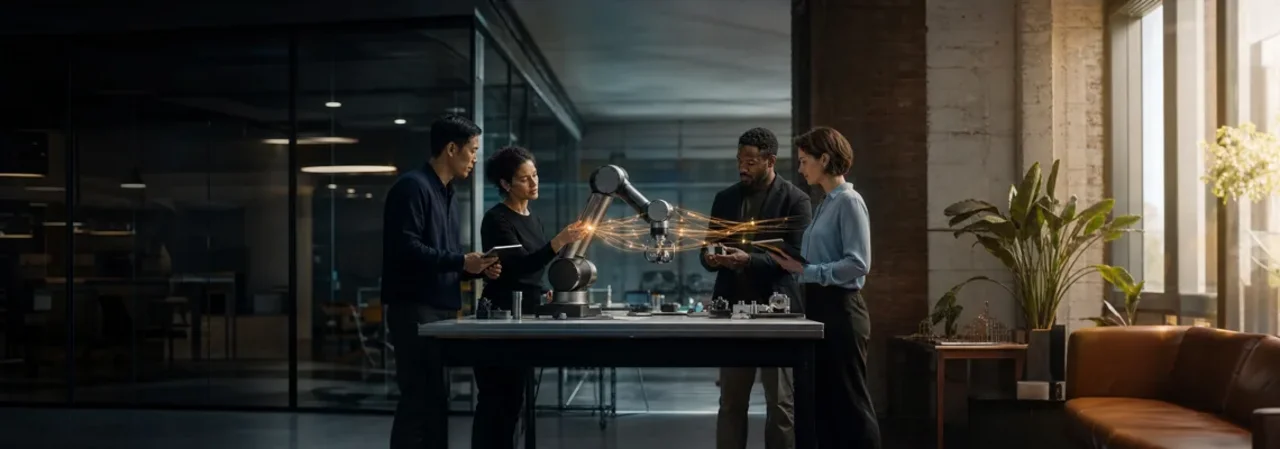Ein Team lernt gemeinsam, einen kollaborativen Roboter sinnvoll und verantwortlich einzusetzen.