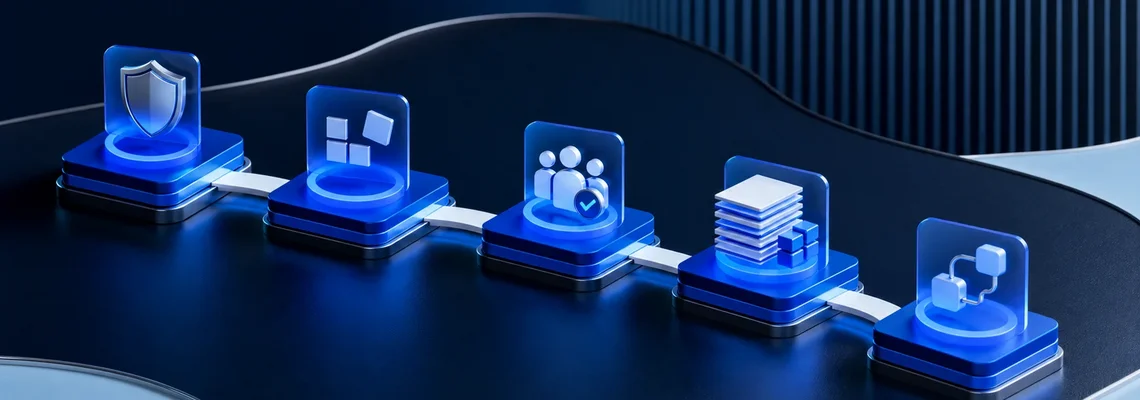 Fünf vernetzte KI-Module symbolisieren ChatGPT-Onboarding, Wissensmanagement und standardisierte Prozesse im Unternehmen.
