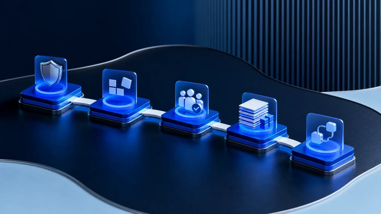 Fünf vernetzte KI-Module symbolisieren ChatGPT-Onboarding, Wissensmanagement und standardisierte Prozesse im Unternehmen.