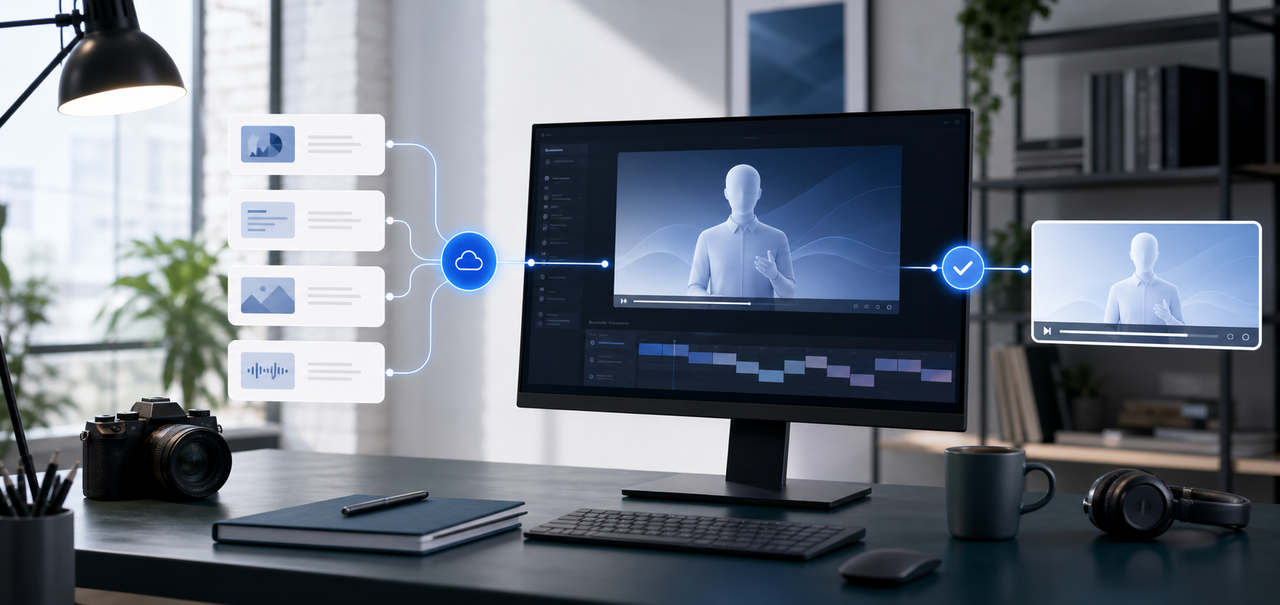 KI-Video-Workflow mit strukturierten Inhalten, API-Verbindung und digitalem Presenter auf einem Studiomonitor.