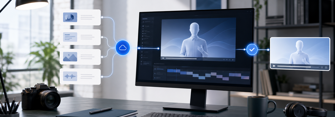 KI-Video-Workflow mit strukturierten Inhalten, API-Verbindung und digitalem Presenter auf einem Studiomonitor.
