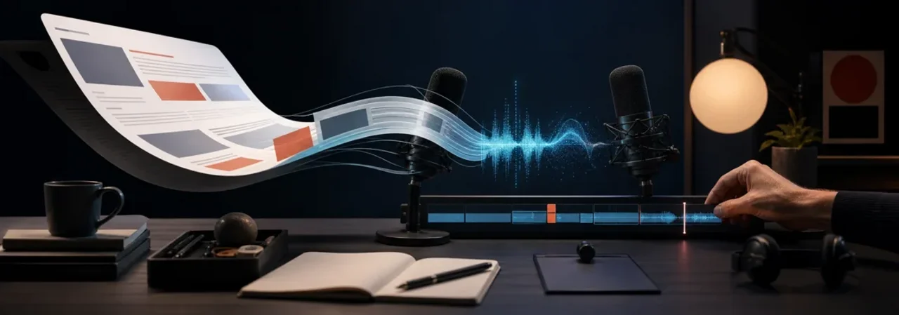 Ein Webartikel wird redaktionell kontrolliert in einen dialogischen KI-Podcast übersetzt.