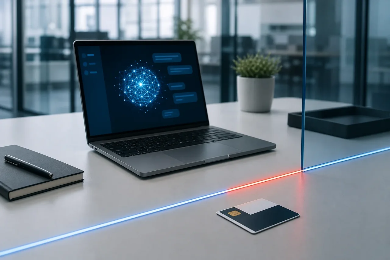 Laptop mit abstrakter KI-Oberfläche hinter einer markierten Sicherheitsgrenze