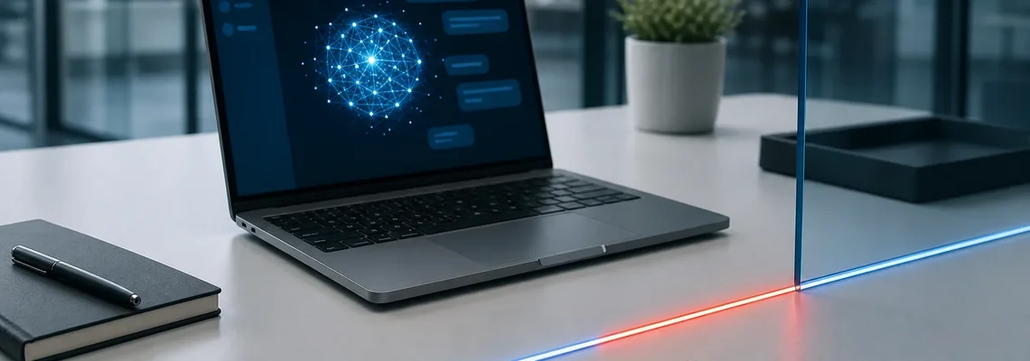 Laptop mit abstrakter KI-Oberfläche hinter einer markierten Sicherheitsgrenze