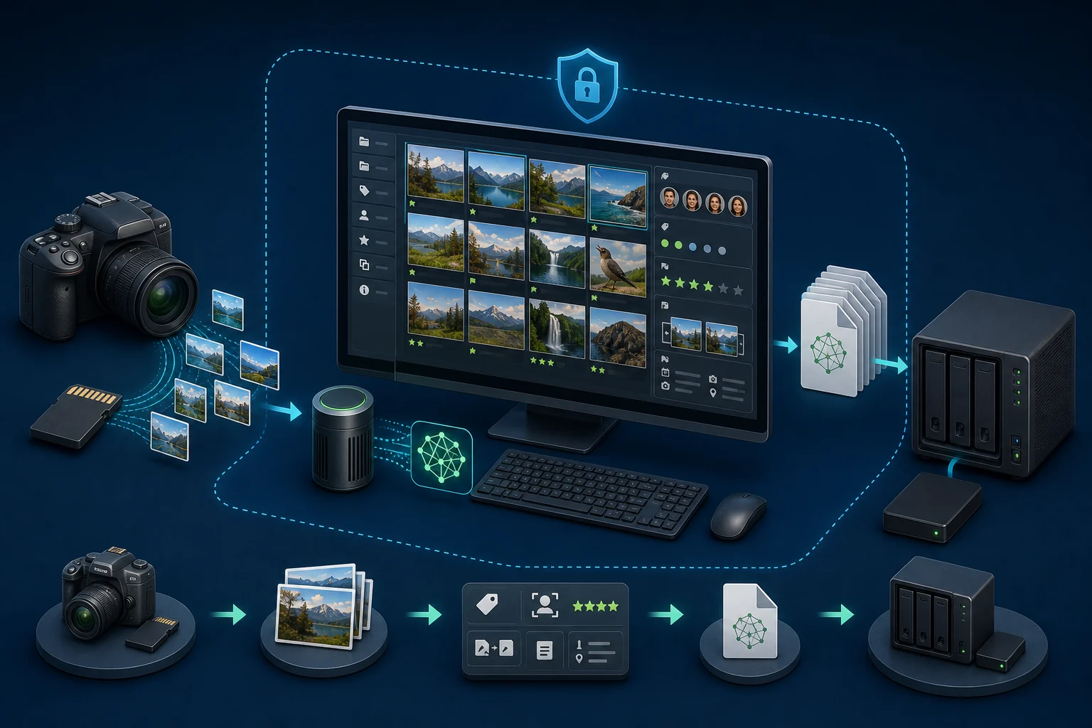 Lokaler Foto-Workflow von Kamera und Speicherkarte über Bildanalyse und Metadaten bis zum gesicherten Archiv