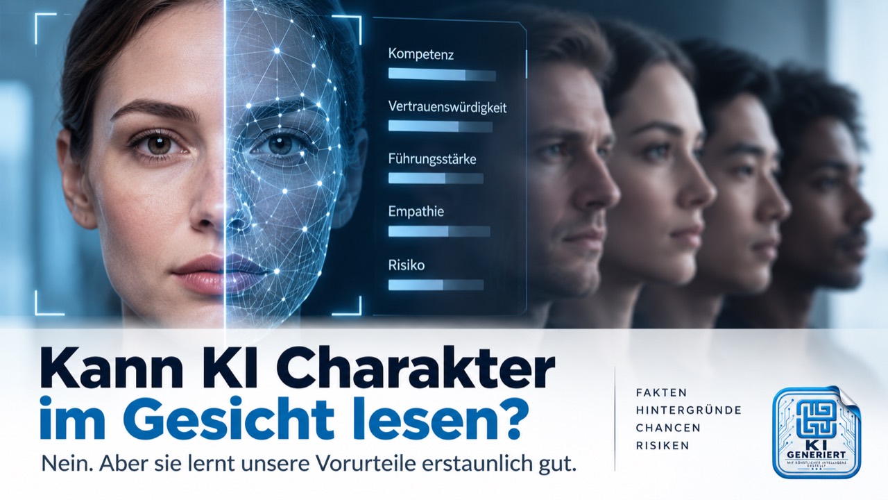 Illustration einer KI-Gesichtsanalyse mit vermeintlichen Bewertungen für Kompetenz, Vertrauenswürdigkeit, Führungsstärke, Empathie und Risiko.
