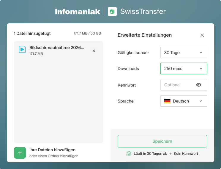 Erweiterte Einstellungen von SwissTransfer mit Gültigkeitsdauer, maximaler Download-Anzahl und optionalem Kennwort