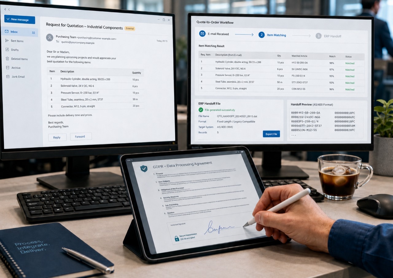 Illustrative Darstellung eines digitalen Formular- und Unterschriftsprozesses